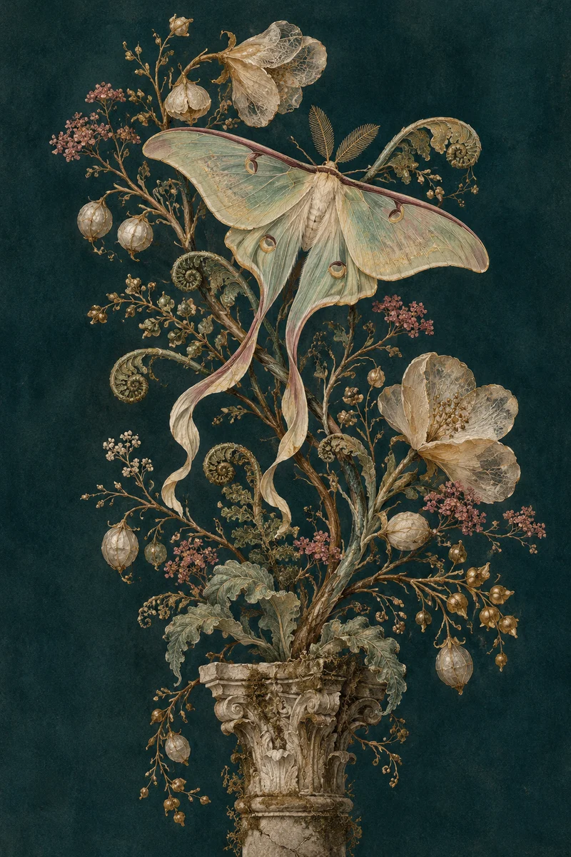 Original illustrated folio of an opalescent moth, shell flowers and fern fronds