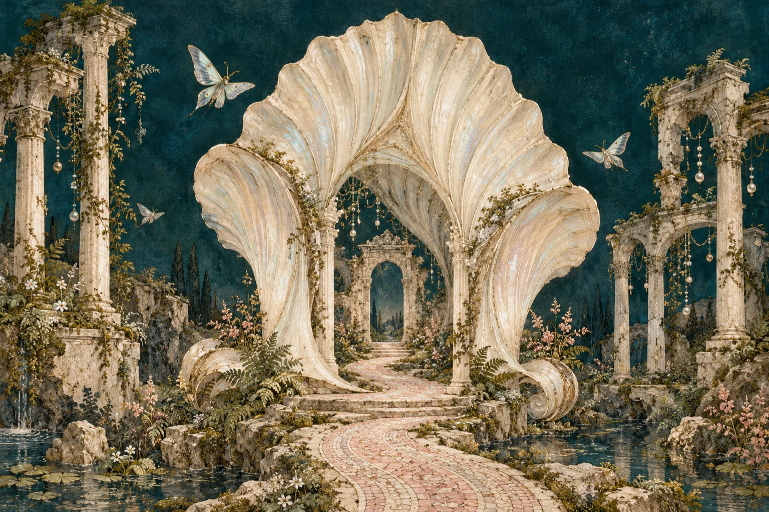 Original illustrated dream garden with a mother-of-pearl shell passage, rose mosaic path and delicate moths